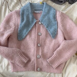 Zara Pink Knit Cardigan with Blue Collar and Crystal Buttons